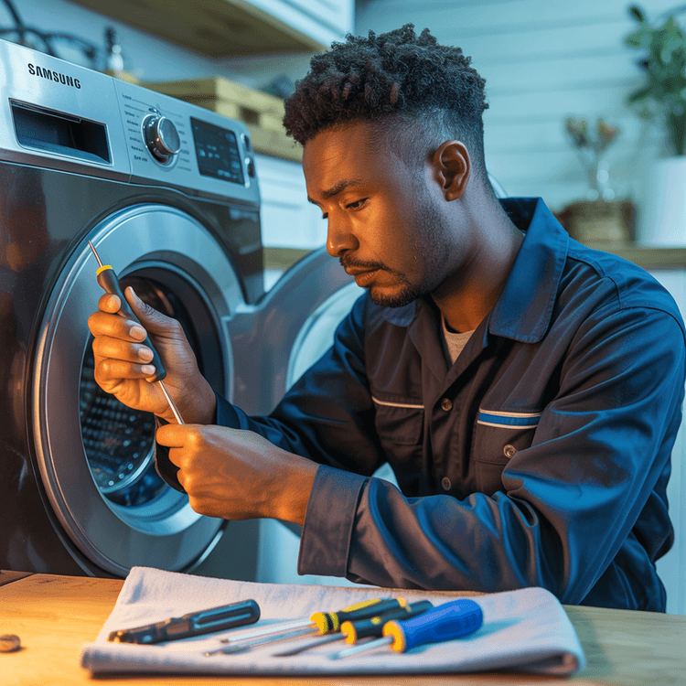 Technician repairing washer