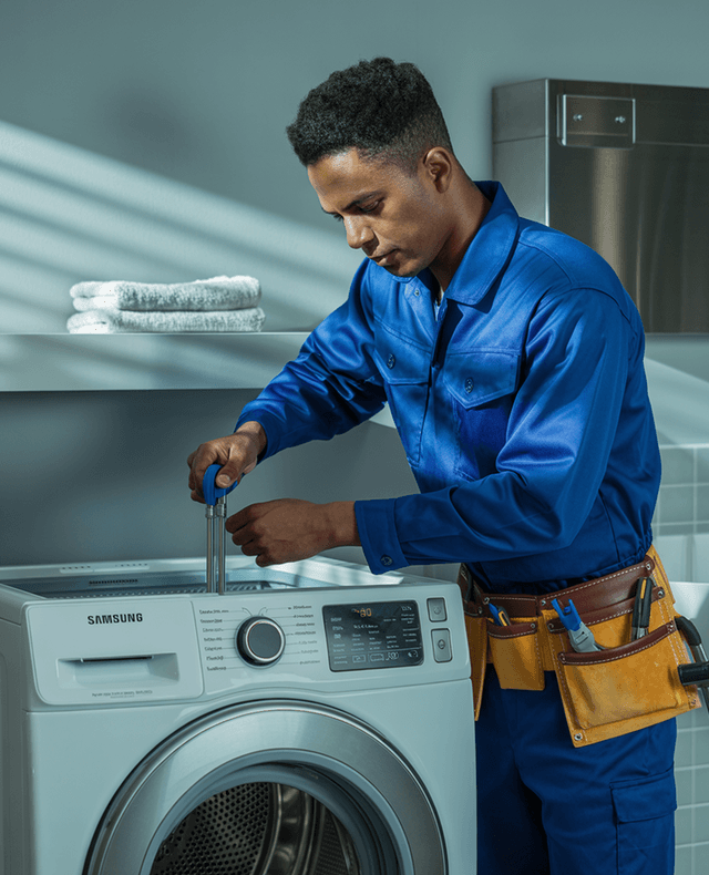 Technician fixing washing machine